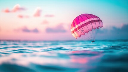 Pink parachute descending over calm ocean at sunset.