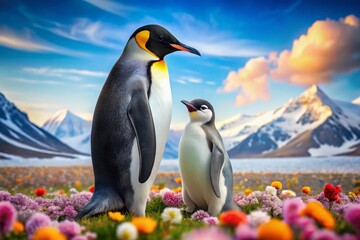 Obraz premium Dad Penguin and Baby Girl Penguin with Spring Flowers, Polar Landscape