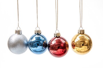 Collection set of five silver, blue, golden and red Chritmas balls hanging with a string
