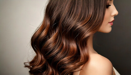 Fototapeta premium female hair model from the side with long brown hairstyle and a luxurious curls, close-up