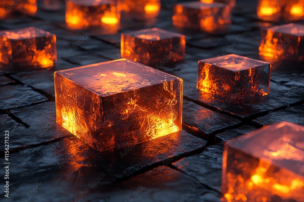 Poster a surreal scene featuring glowing ice cubes on a dark surface.