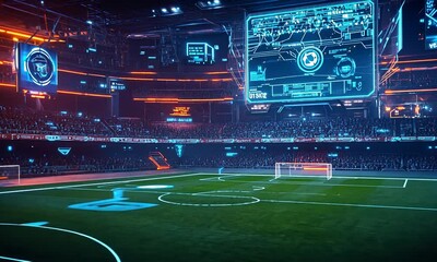 A futuristic sports stadium with advanced technology and a vibrant atmosphere.