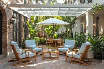 Fototapeta premium Outdoor patio with light blue chairs, white umbrella, brick pavers, classic Hollywood architecture, and a white trellis ceiling, surrounded by green plants and natural sunlight.