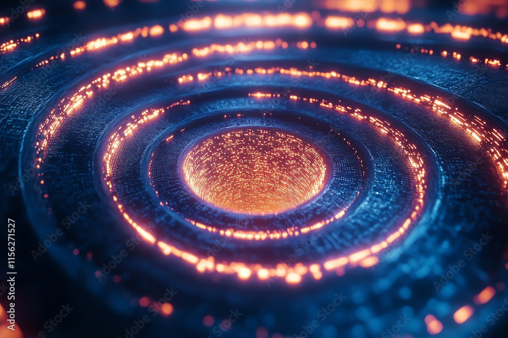 Poster a futuristic, abstract design featuring concentric rings with glowing particles and textures.