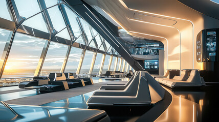 A futuristic airport terminal with vast glass walls, sleek seating, and cutting-edge travel technology, offering a seamless blend of innovation and modern design.