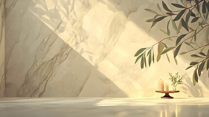 Serene Minimalist Interior with Soft Natural Light, Candles, and Olive Branches Casting Gentle Shadows