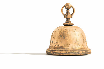 Vintage brass service bell with weathered surface, isolated on white background for hospitality and service concepts