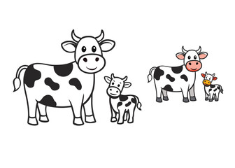 A delightful coloring page featuring a gentle cow with her playful calf in a grassy field, surrounded by flowers and a sunny sky, perfect for kids and animal lovers to color.