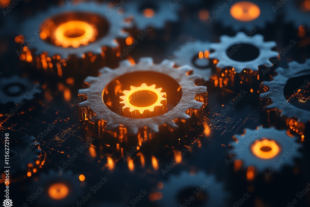 Aufkleber a close-up of interlocking gears with glowing elements, symbolizing technology and machinery.
