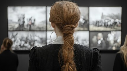 Rear View of a Woman with Red Hair in an Art Gallery, Engaging with Historical Photographs on the Wall, Evoking Reflection and Contemplation in a Thoughtful Environment