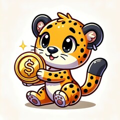 Cute Cheetah Holding Gold Coin Cartoon Vector Icon Illustration