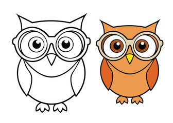 A cute coloring page of a little owl wearing oversized glasses, perched on a branch, with playful details like stars and leaves, perfect for kids and adults to enjoy.