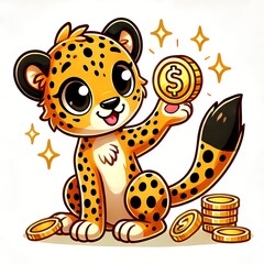 Cute Cheetah Holding Gold Coin Cartoon Vector Icon Illustration