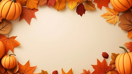 Thanksgiving and Autumn decoration concept made from autumn leaves and pumpkin on wood background, Generative ai