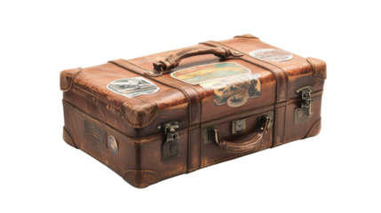 Retro travel suitcase with stickers, transparent background