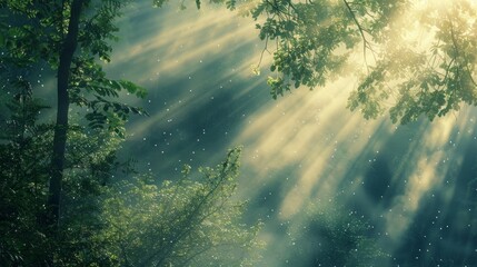 Beautiful nature at morning in the misty spring forest with sun rays