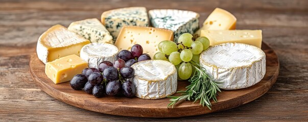 Cheese platter idea. A delicious assortment of cheeses accompanied by grapes and rosemary on a wooden platter.