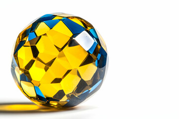 Naklejka premium Shimmering Yellow and Blue Faceted Crystal Sphere on White Background with Reflections and Highlights