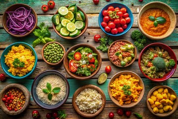 Delicious Food Bowls on Rustic Wooden Table - AI Photography
