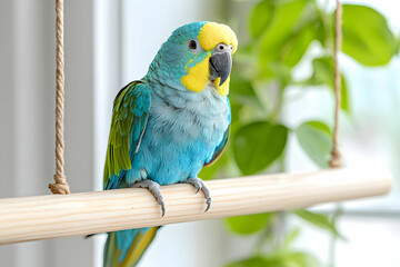 Obraz premium Colorful tropical parrot perched on wooden bar with lush greenery in soft natural light, showcasing vibrant feathers and lively expression