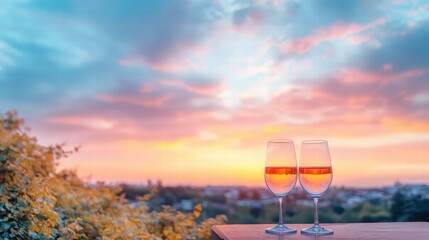 Serene Evening with Two Glasses of Refreshing Drink Overlooking a Stunning Colorful Sunset Sky and Nature