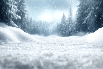Fototapeta premium Serene Winter Landscape with Gentle Snowfall over a Beautiful White Snow-Covered Ground and Tall Evergreen Trees in a Frosty Environment