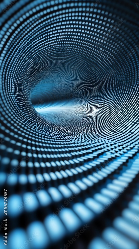 Poster a swirling tunnel of blue dots creating a dynamic, abstract digital effect.