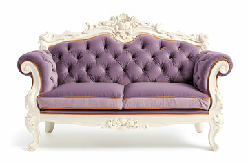 Elegant Vintage Purple Sofa with Intricate White Carvings and Button-Tufted Design in a Studio Setting