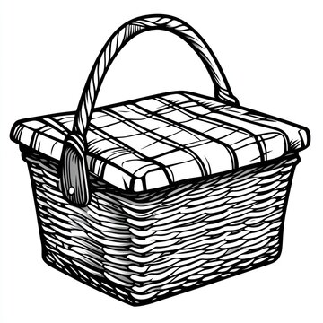 recommend clip art: Classic picnic basket with checkered lid and wooden handle.