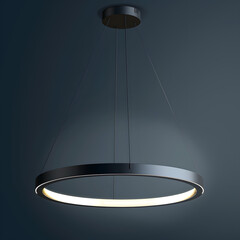 A large scale circular pendant light, resembling a fluorescent lamp, is suspended from the ceiling in a dimly lit room, casting tints and shades across the liquidlike surface below