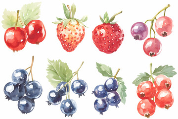 Colorful Watercolor Illustration of Berries Including Strawberries, Blueberries, and Redcurrants on a White Background