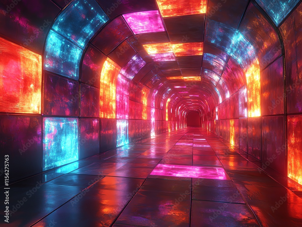 Poster a vibrant, illuminated tunnel with colorful reflections on walls and floor.