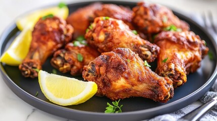 Fototapeta premium Fried chicken concept. Deliciously crispy chicken wings served with lemon slices on a stylish plate.