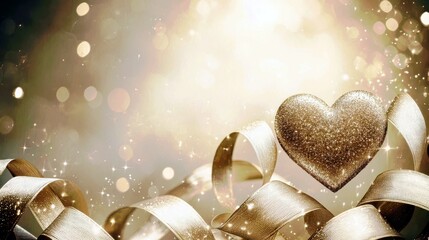 Shimmering Golden Heart Surrounded by Elegant Ribbons on a Dreamy Background with Glowing Bokeh and Soft Light Flare for Romantic Themes