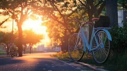 Obraz premium Bicycle on the background of the sunset. Bicycle in the park.