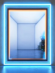 A luminous rectangular frame illuminated by vibrant neon lights in blue and orange enhances a clean, futuristic aesthetic with feel of depth and space