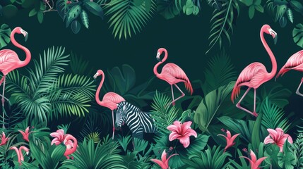 Tropical Paradise: Flamingos and Lush Greenery
