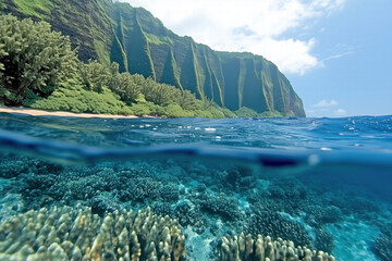 Breathtaking underwater view of coral reef and lush cliffs Generative Ai