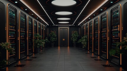 Imposing Row of High-Tech Servers in a Modern Server Room with Efficient Cooling Systems and Intricate Wiring Creating a High Performance Data Environment