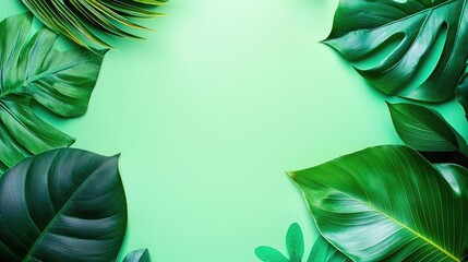 Tropical frame concept. Vibrant green leaves arranged on a bright green background for a fresh, natural look.