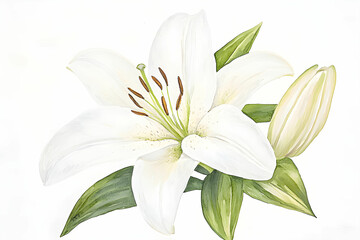 Fototapeta premium Beautiful white lily flower with green leaves and bud, delicate watercolor illustration on a clean background