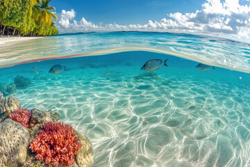 Underwater scene with colorful fish and coral in clear water Generative Ai