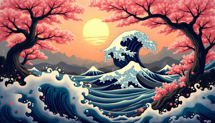 Bold Japanese Waves with Cherry Blossom Silhouettes