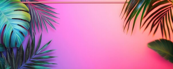 Obraz premium Tropical frame concept. Vibrant tropical leaves against a colorful gradient backdrop, perfect for artistic design.