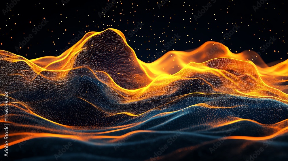 Poster abstract representation of glowing waves, suggesting movement and energy in a digital landscape.