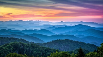 Fototapeta premium Blue Ridge Parkway Scenic Landscape Appalachian Mountains Ridges Sunset Layers over Great Smoky Mountains National Park