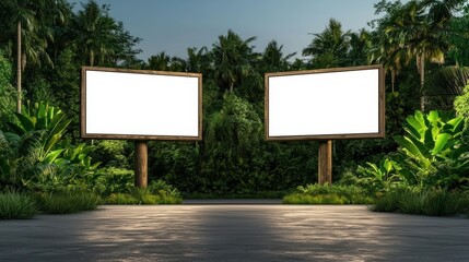 Fototapeta premium Two Blank Billboards Surrounded by Lush Greenery in a Tropical Park Setting Evoking a Sense of Opportunity and Endless Creative Possibilities
