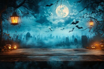 Wooden table with empty space for product display, set against a Halloween night cemetery scene with moonlight, fog, bats, glowing lanterns, and tombstones under an eerie sky.
