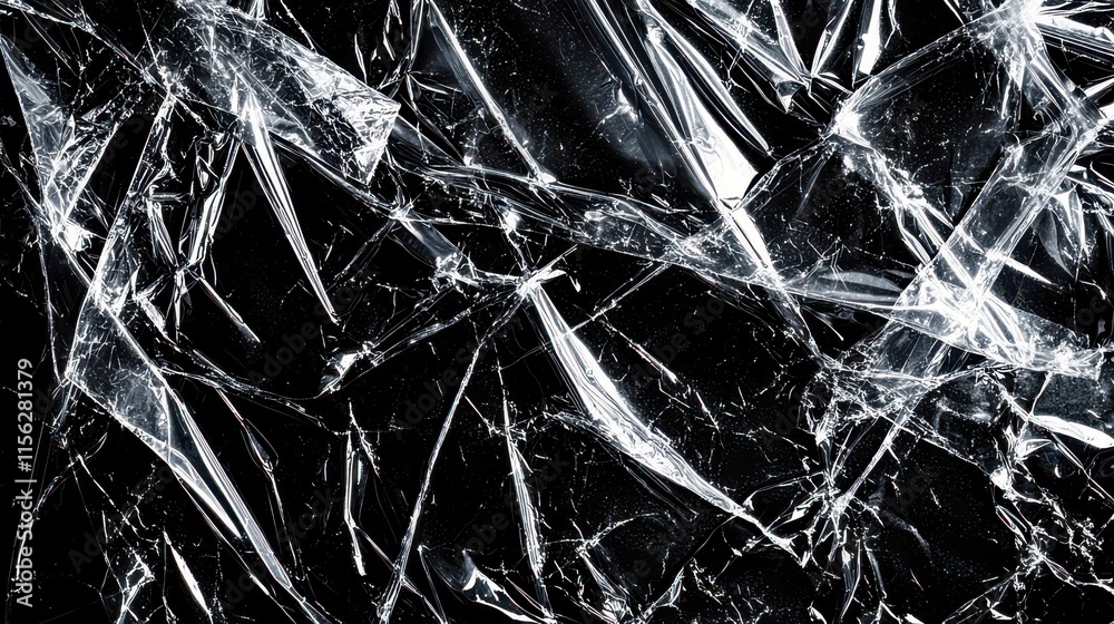 Poster detailed close-up of shattered glass fragments with sharp edges and intricate patterns on a dark bac
