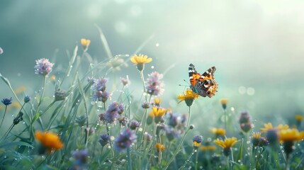 Butterfly flying over Wild flowers on the misty meadow field with. Soft blue natural background